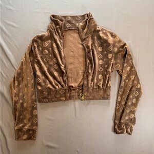 Y2K Brown Velour Cropped Zip Jacket Monogram Print Size L